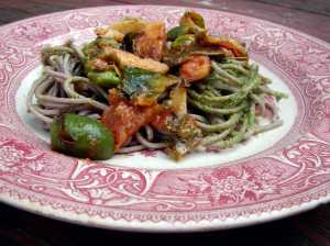Soba with pesto, brussels sprouts and castelvetrano olives