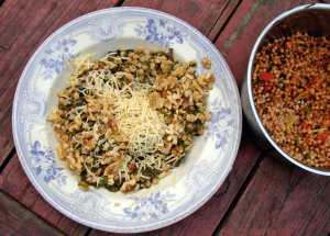 Chard and white beans with walnuts, raisins and smoked gouda