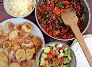 Masa-dusted potatoes, red beans and roasted red peppers, and lime honey cucumber guacamole