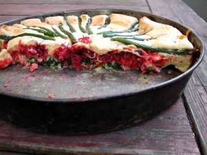 Savory almond cake with beets and asparagus
