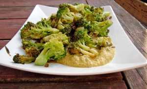 Broccoli and garlic scapes with golden beet, cashew & carrot sauce.