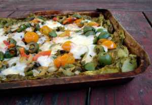 Pesto potato "pie" with fennel, tomatoes and olives