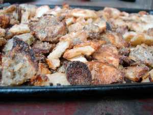 Semolina coated eggplant, potatoes and butterbeans 
