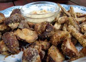 Semolina and pine nut coated mushrooms and eggplant