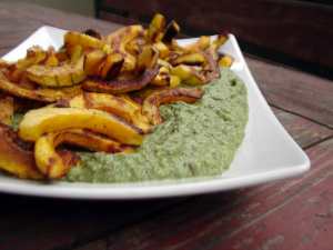 Roasted delicata squash with spinach white bean purée.