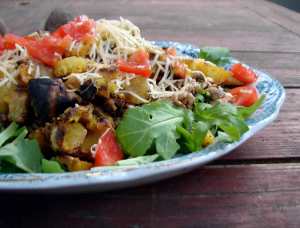 smoked sweet potatoes with farro and lemon aioli