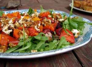 Roasted beet and red pepper salad with pistachios and goat cheese