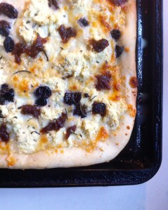 Pizza with sweet potatoes, olives, capers, and caramelized onions