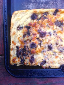 Roasted mushroom and olive pizza with a mashed potato crust