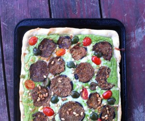 Ricotta pistachio tart with crispy eggplant and castelvetrano olives