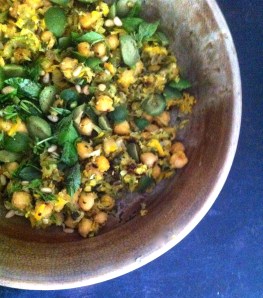 Summer squash with chickpeas, raisins, olives and basil