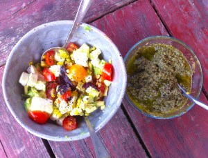 avocado corn salsa and pesto