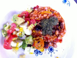 White bean chili with pesto and avocado corn salsa