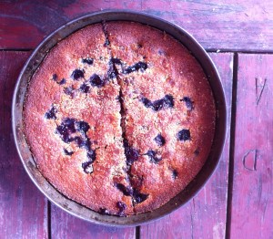 Almond cake with blueberry and chocolate filling