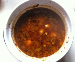 Potatoes and leeks in tomato broth