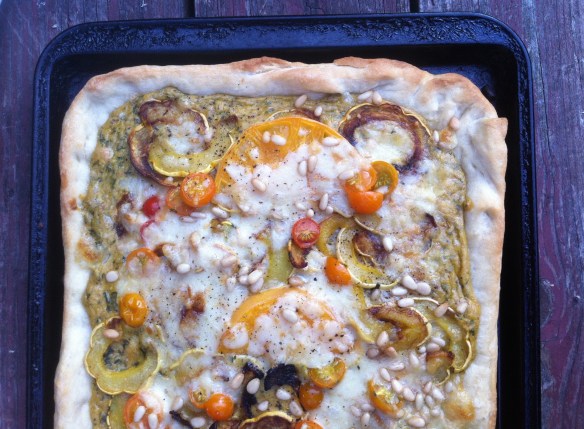 Pizza with pistachio herb pesto and roasted delicata squash